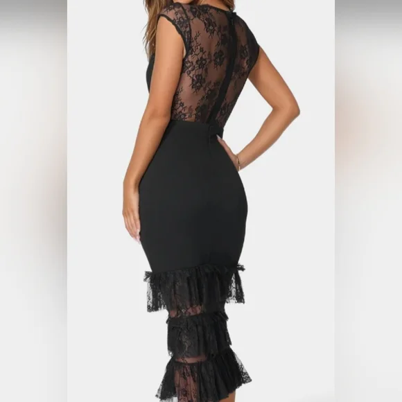 Bebe Tiered Lace Elegant Midi  Dress Color Black Size Large - Picture 5 of 8